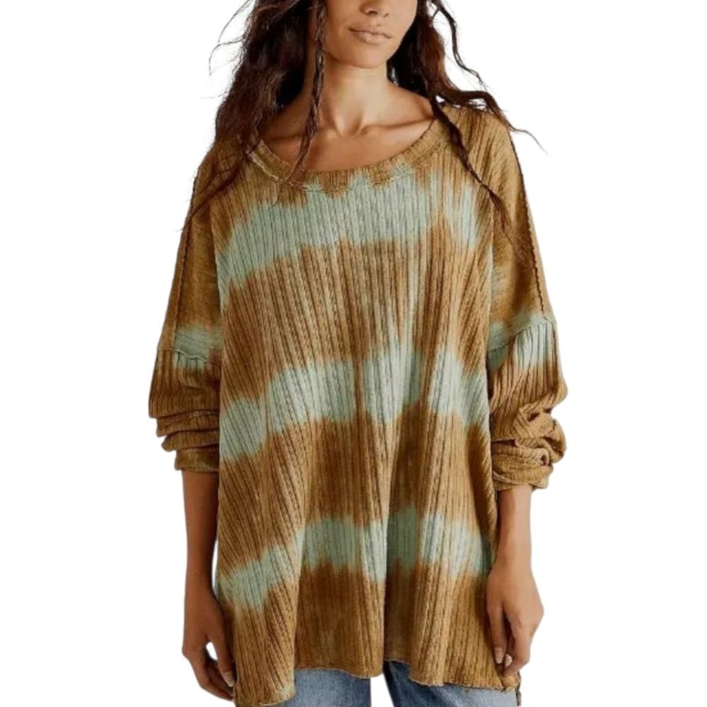 Free People We The Free Brown Green Sunset Tee Ribbed Oversized Tie-dyed M